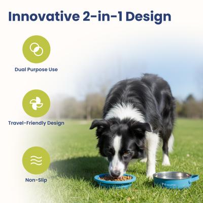 Show full view: PawsPik 2-in-1 18/8 Stainless Steel & Silicone Dog & Cat Travel Bowl, Midnight Summit Blue slide 2 of 11