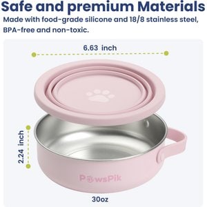 PawsPik 2-in-1 18/8 Stainless Steel & Silicone Dog & Cat Travel Bowl, 4 cup, Cherry Blossom Pink