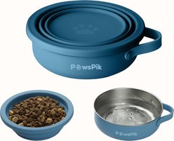 PawsPik 2-in-1 18/8 Stainless Steel & Silicone Dog & Cat Travel Bowl, Midnight Summit Blue