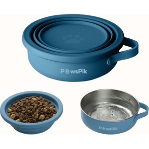 PawsPik 2-in-1 18/8 Stainless Steel & Silicone Dog & Cat Travel Bowl, Midnight Summit Blue