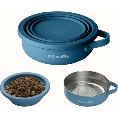 PawsPik PawsPik 2-in-1 18/8 Stainless Steel & Silicone Dog & Cat Travel Bowl, Midnight Summit Blue