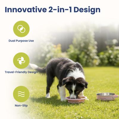 Show full view: PawsPik 2-in-1 18/8 Stainless Steel & Silicone Dog & Cat Travel Bowl, Cherry Blossom Pink slide 2 of 11