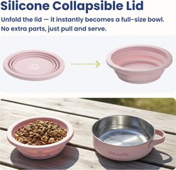 PawsPik 2-in-1 18/8 Stainless Steel & Silicone Dog & Cat Travel Bowl, Cherry Blossom Pink slide 2 of 9