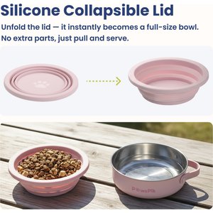 PawsPik 2-in-1 18/8 Stainless Steel & Silicone Dog & Cat Travel Bowl, 4 cup, Cherry Blossom Pink