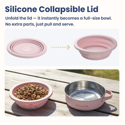 Show full view: PawsPik 2-in-1 18/8 Stainless Steel & Silicone Dog & Cat Travel Bowl, Cherry Blossom Pink slide 3 of 11