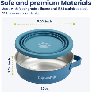 PawsPik 2-in-1 18/8 Stainless Steel & Silicone Dog & Cat Travel Bowl, Midnight Summit Blue