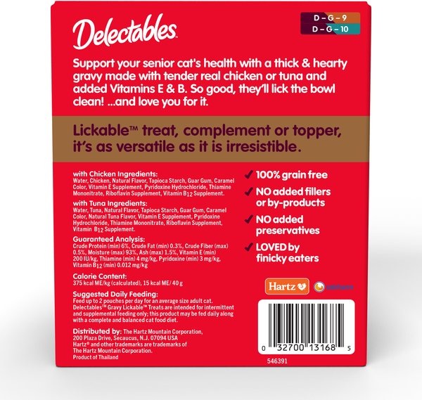 Show full view: Hartz Delectables Gravy Senior 10+ Variety Lickable Cat Treats, 1.4-oz pouch, 12 count slide 9 of 12