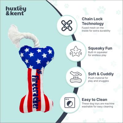 Show full view: Huxley & Kent Tiny Tuff Lil' Firecracker Bone Squeaky Plush Dog Toy, Red/White/Blue slide 3 of 8