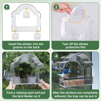 Show full view: Decflow Transparent Acrylic Outside Window Wild Bird Feeder with 3 Pairs of Strong Stickers & Removable Tray, Black slide 6 of 7