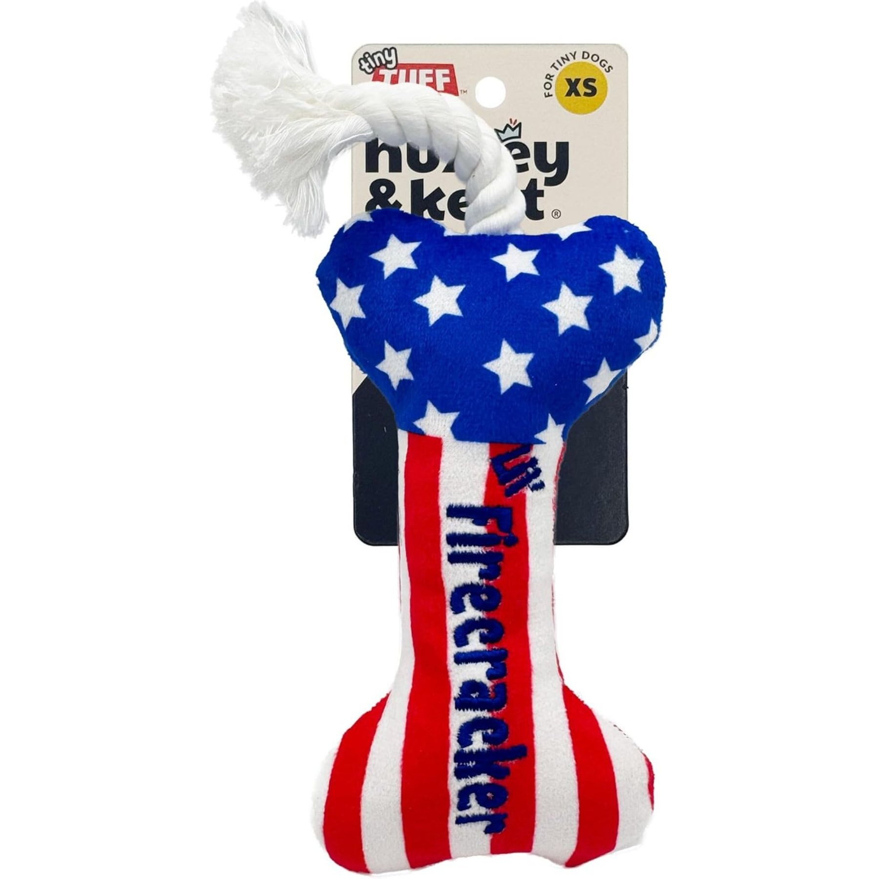 Huxley & Kent Tiny Tuff Lil' Firecracker Bone Squeaky Plush Dog Toy, Red/White/Blue