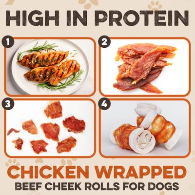 Show full view: Brutus & Barnaby 10 to 12-in High Protein & Rawhide-Free Thick Chicken Wrapped & Beef Cheek Rolls Natural Dog Chew Treats, 4 count slide 3 of 8