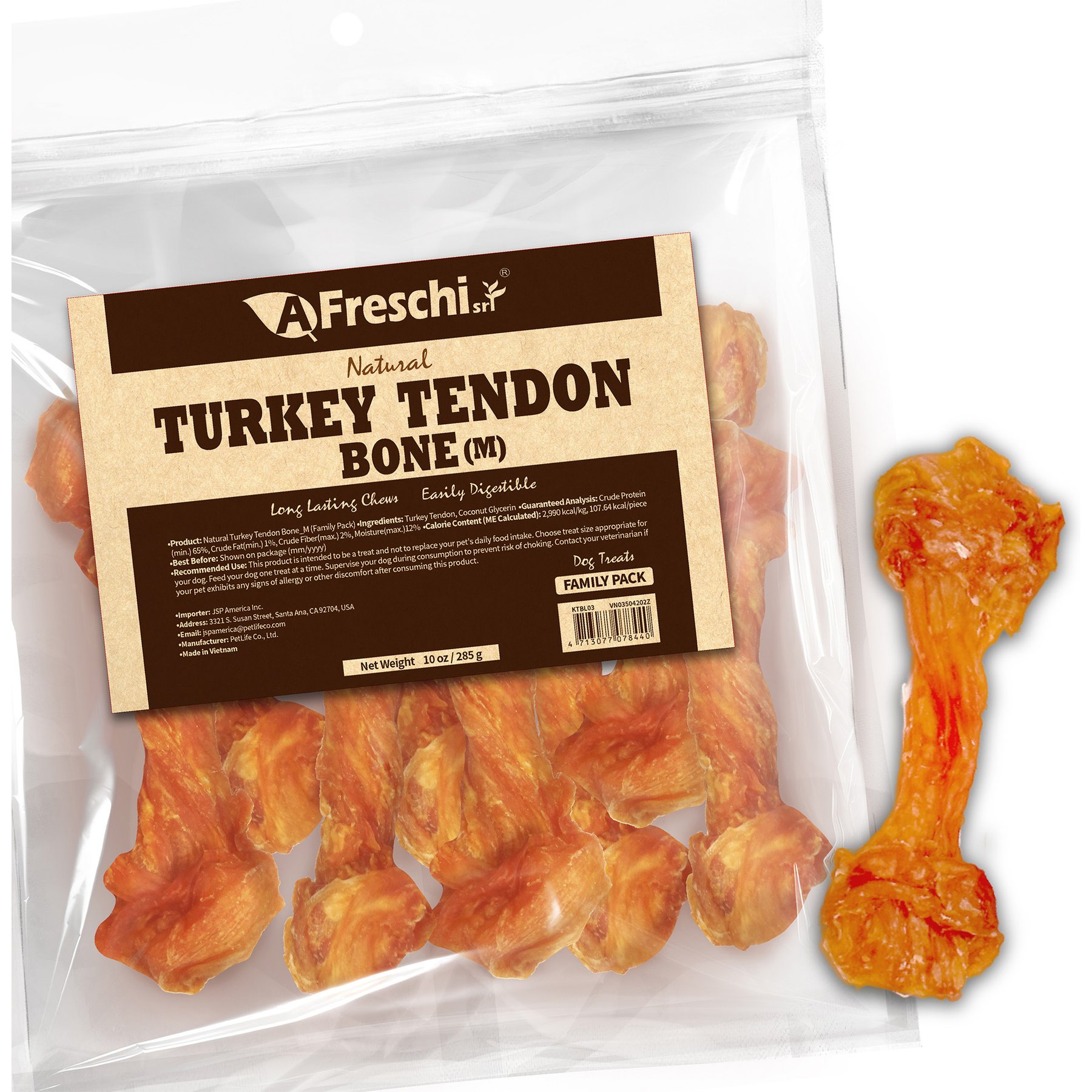 AFreschi Natural Turkey Tendon Bone Natural Dog Chew Treat, Medium, Medium, 10-oz pouch, count varies