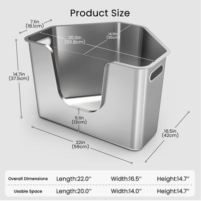 Show full view: Ptlom Stainless Steel High Sided Corner Cat Litter Box, 22 x 16.5 x 14.5-in slide 2 of 10