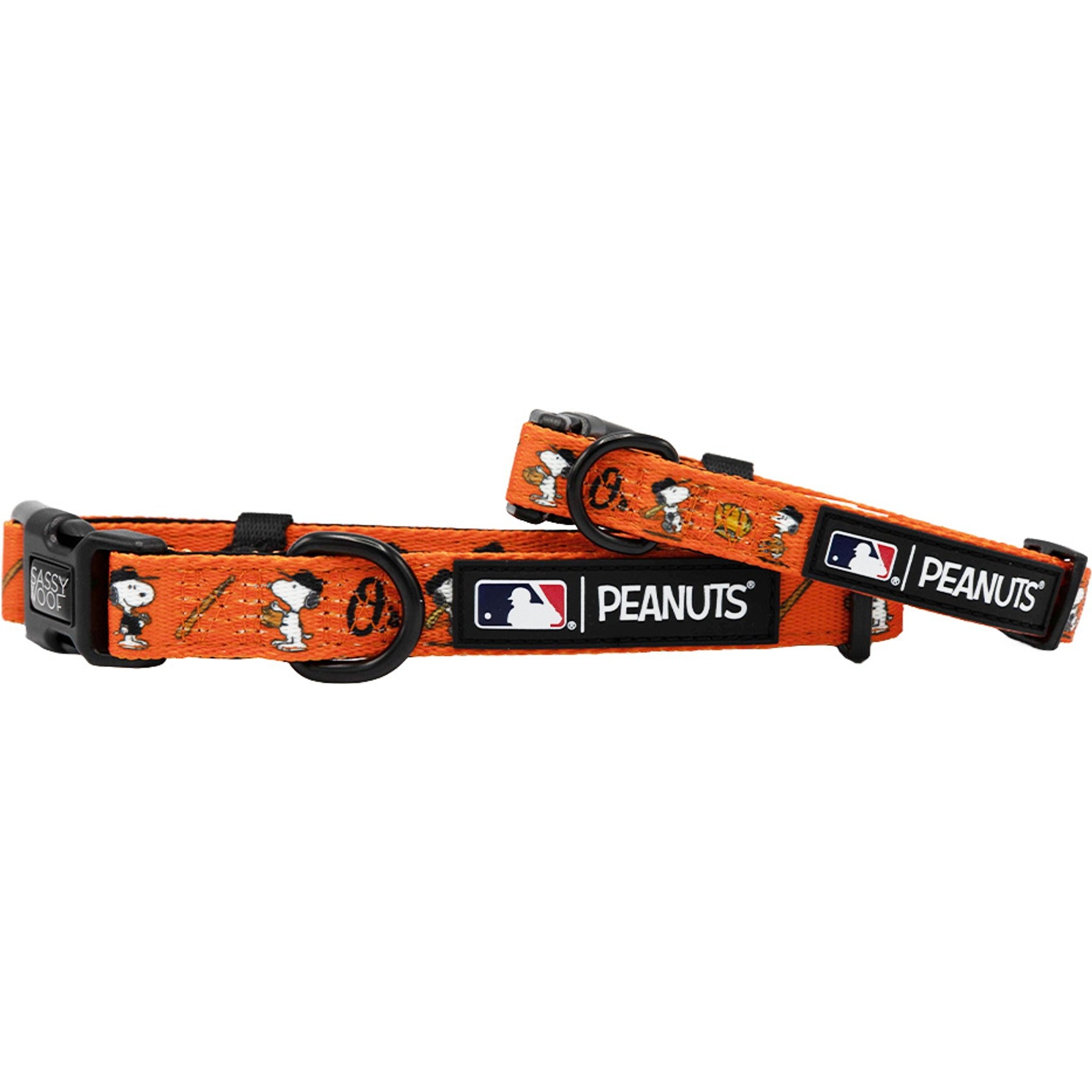 Sassy Woof MLB x Peanuts Baltimore Orioles Dog Collar, Small: 13-in neck, 1.2-in wide