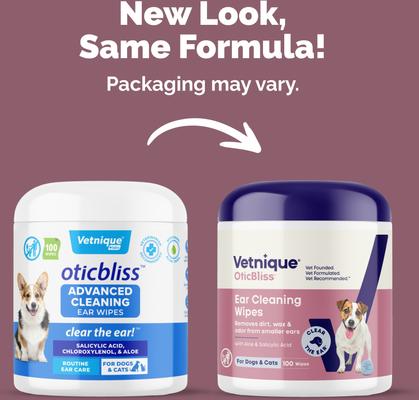 Show full view: Vetnique Labs Oticbliss Advanced Cleaning, Soothing Aloe & Odor Control, Dirt & Wax Removal Dog & Cat Ear Wipes, 100 count slide 2 of 11