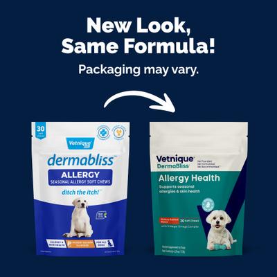 Show full view: Vetnique Labs Dermabliss Seasonal Allergy & Immune Support Salmon Flavored Allergy & Fish Oil Soft Chew Supplement for Dogs, 30 count slide 3 of 12