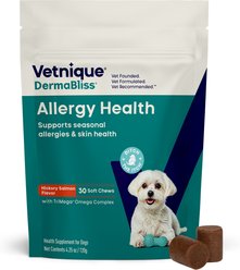 Vetnique Labs Dermabliss Seasonal Allergy & Immune Support Salmon Flavored Allergy & Fish Oil Soft Chew Supplement for Dogs, 30 count