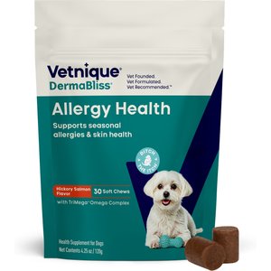 Vetnique Labs Dermabliss Seasonal Allergy & Immune Support Salmon Flavored Allergy & Fish Oil Soft Chew Supplement for Dogs, 30 count