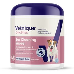 Vetnique Labs Oticbliss Advanced Cleaning, Soothing Aloe & Odor Control, Dirt & Wax Removal Dog & Cat Ear Wipes, 100 count