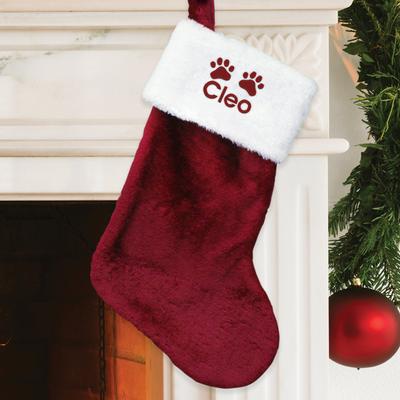 Show full view: PGS Christmas Paw Prints with Name Personalized Plush Pet Stocking, Burgundy, 8 x 19-in slide 2 of 3