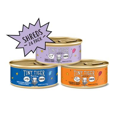 Show full view: Tiny Tiger Savory Shreds In Gravy Variety Pack Canned Cat Food, 5.5-oz can, case of 12 slide 3 of 11