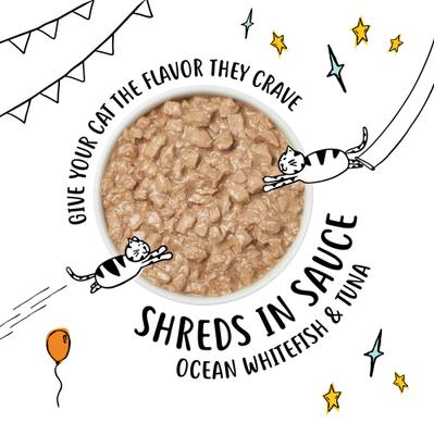 Show full view: Tiny Tiger Shreds with Ocean Whitefish & Tuna in Sauce Canned Cat Food, 5.5-oz can, case of 24 slide 5 of 11