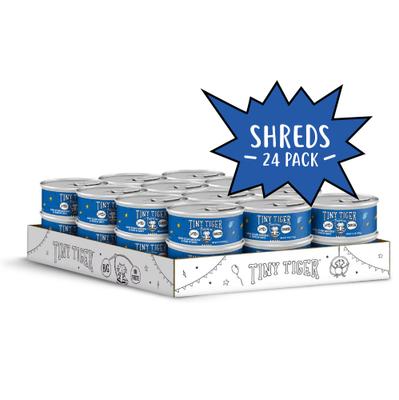 Show full view: Tiny Tiger Shreds with Ocean Whitefish & Tuna in Sauce Canned Cat Food, 5.5-oz can, case of 24 slide 3 of 11