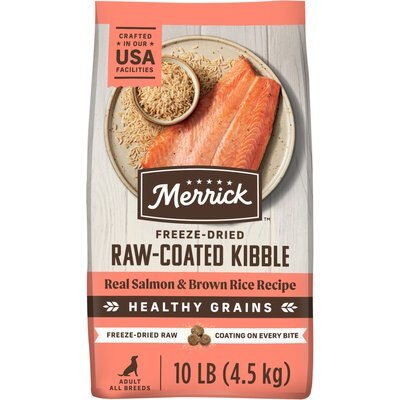Merrick Merrick Healthy Grains Raw-Coated Kibble Real Salmon + Brown Rice Recipe Freeze-Dried Dry Dog Food, 10-lb bag