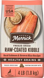 Merrick Healthy Grains Raw-Coated Kibble Real Salmon + Brown Rice Recipe Freeze-Dried Dry Dog Food, 4-lb bag slide 1 of 8