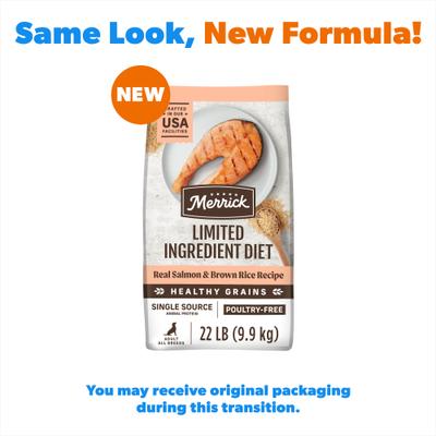 Show full view: Merrick Limited Ingredient Diet Real Salmon & Brown Rice Recipe with Healthy Grains Dry Dog Food, 22-lb bag slide 3 of 13