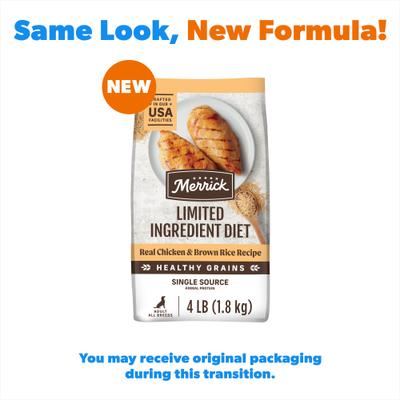 Show full view: Merrick Limited Ingredient Diet Dry Dog Food Real Chicken & Brown Rice Recipe with Healthy Grains, 4-lb bag slide 3 of 13