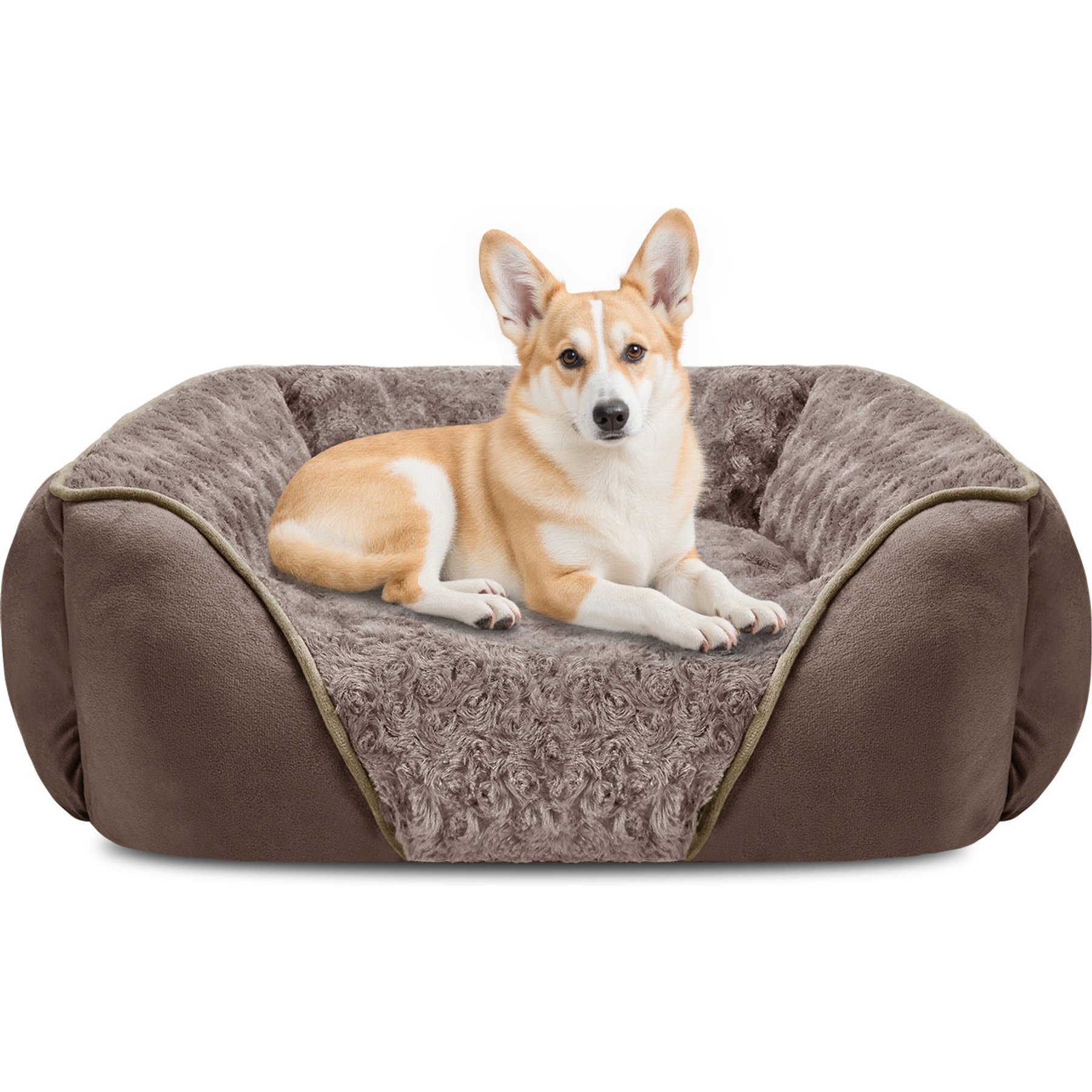 JOEJOY Calming Washable Square Bolster Dog Sofa Bed, Beige, 30-in