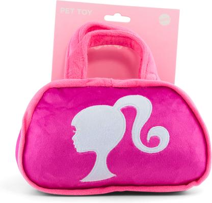 Show full view: Buckle-Down Mattel Barbie Silhouette & Autograph Script Handbag Replica Squeaky Plush Dog Toy, Pink, 8.5 x 7.5-in slide 5 of 6