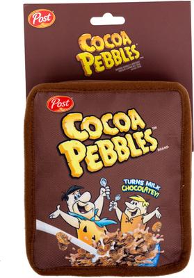 Show full view: Buckle-Down The Flintstones Cocoa Pebbles Fred & Barney Cereal Box Replica Squeaky Plush Dog Toy, Brown, 6 x 5.5-in slide 4 of 5