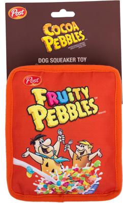 Show full view: Buckle-Down The Flintstones Fruity Pebbles Fred & Barney Cereal Box Replica Squeaky Plush Dog Toy, Red, 6 x 5.5-in slide 5 of 6