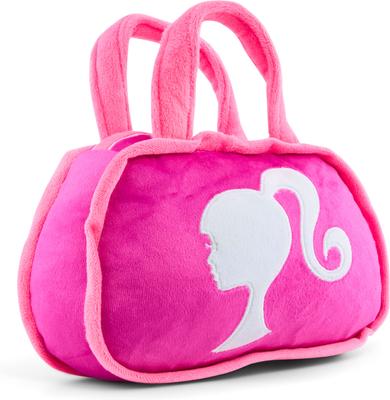 Show full view: Buckle-Down Mattel Barbie Silhouette & Autograph Script Handbag Replica Squeaky Plush Dog Toy, Pink, 8.5 x 7.5-in slide 3 of 6