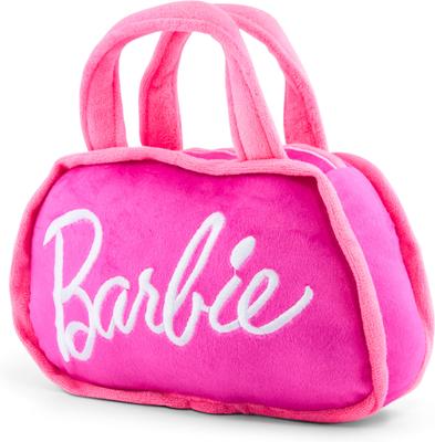Show full view: Buckle-Down Mattel Barbie Silhouette & Autograph Script Handbag Replica Squeaky Plush Dog Toy, Pink, 8.5 x 7.5-in slide 4 of 6