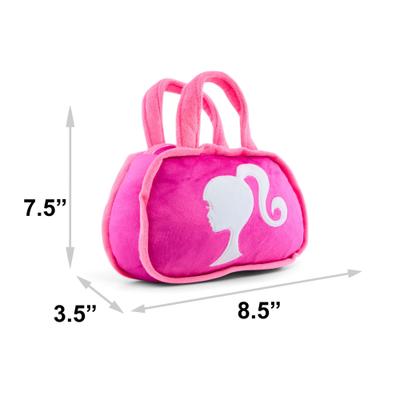 Show full view: Buckle-Down Mattel Barbie Silhouette & Autograph Script Handbag Replica Squeaky Plush Dog Toy, Pink, 8.5 x 7.5-in slide 6 of 6