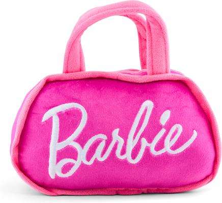 Show full view: Buckle-Down Mattel Barbie Silhouette & Autograph Script Handbag Replica Squeaky Plush Dog Toy, Pink, 8.5 x 7.5-in slide 2 of 6