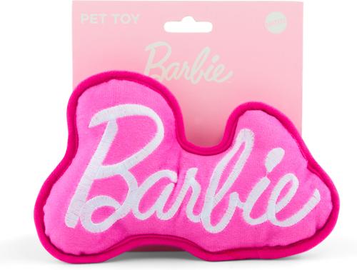 Show full view: Buckle-Down Mattel Barbie Autograph Script Squeaky Plush Dog Toy, Pink White, 7 x 5-in slide 3 of 4