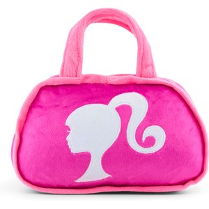 Buckle-Down Mattel Barbie Silhouette & Autograph Script Handbag Replica Squeaky Plush Dog Toy, Pink, 8.5 x 7.5-in