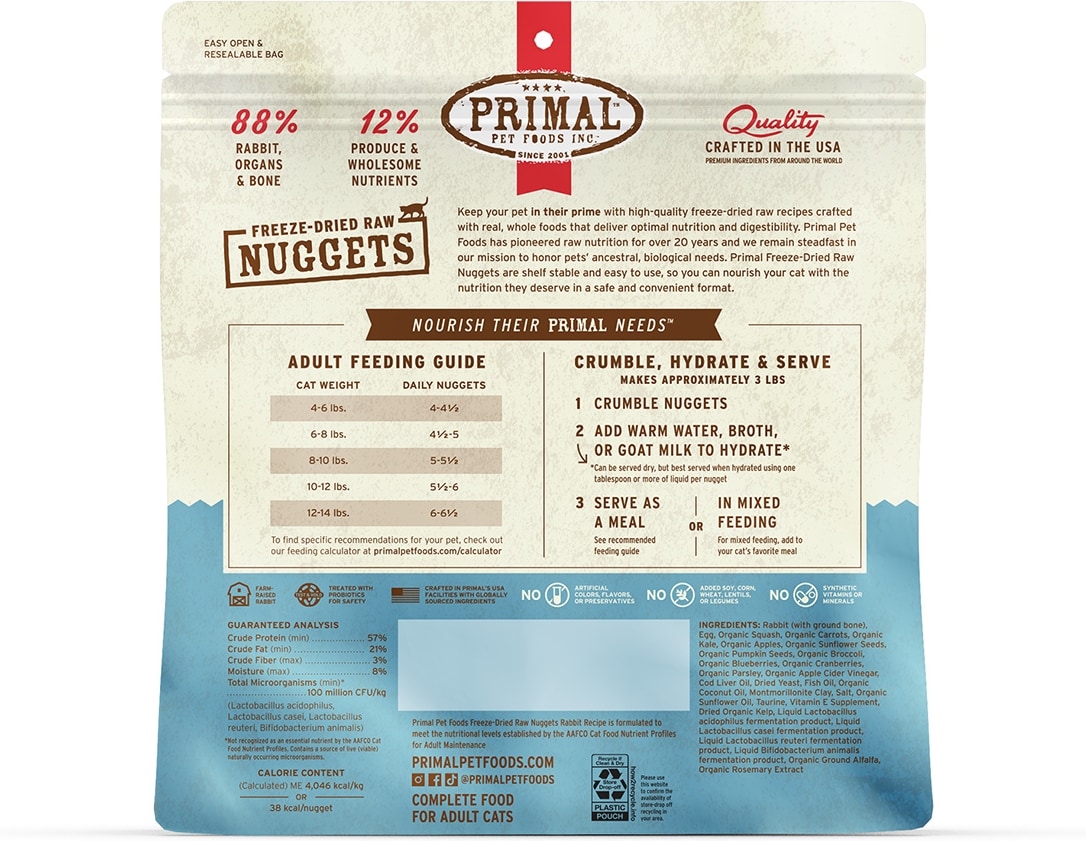 Primal Rabbit Nuggets PRIMAL Rabbit Formula Nuggets Grain-Free Raw Freeze-Dried Cat Food, 14 ...