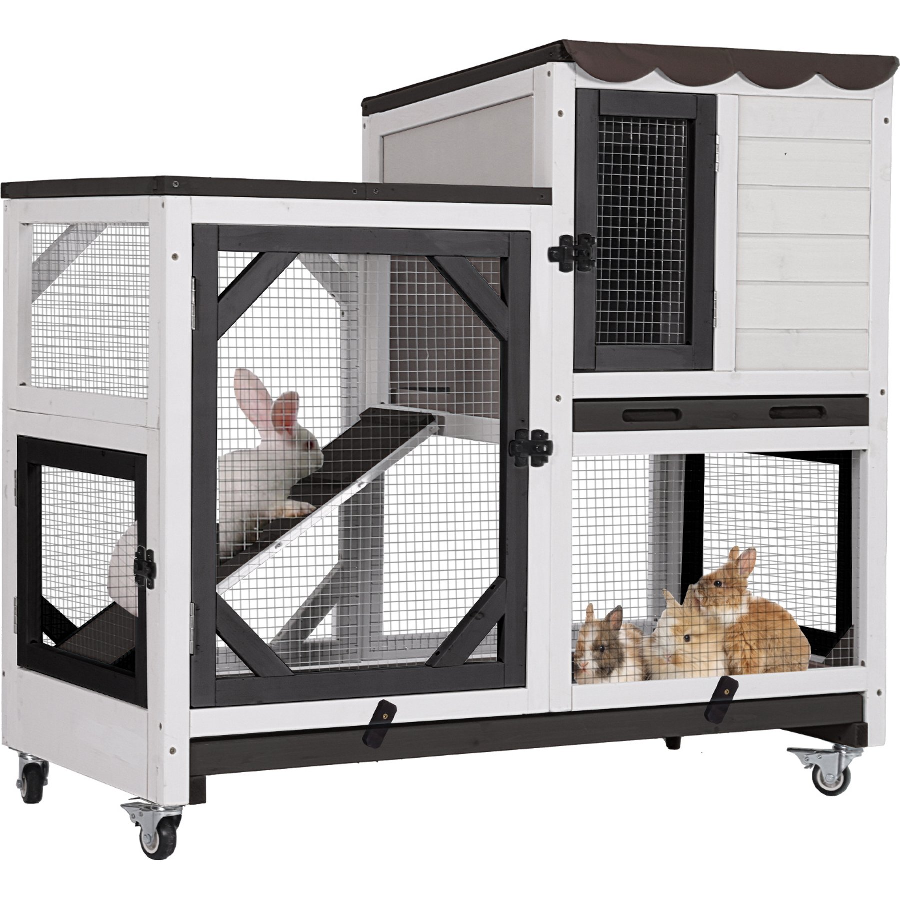 Aivituvin AIR7013-BW Premium 2-Story Wooden Indoor & Outdoor Rabbit Hutch with Casters & Pull-Out Tray, White, 39.3-L