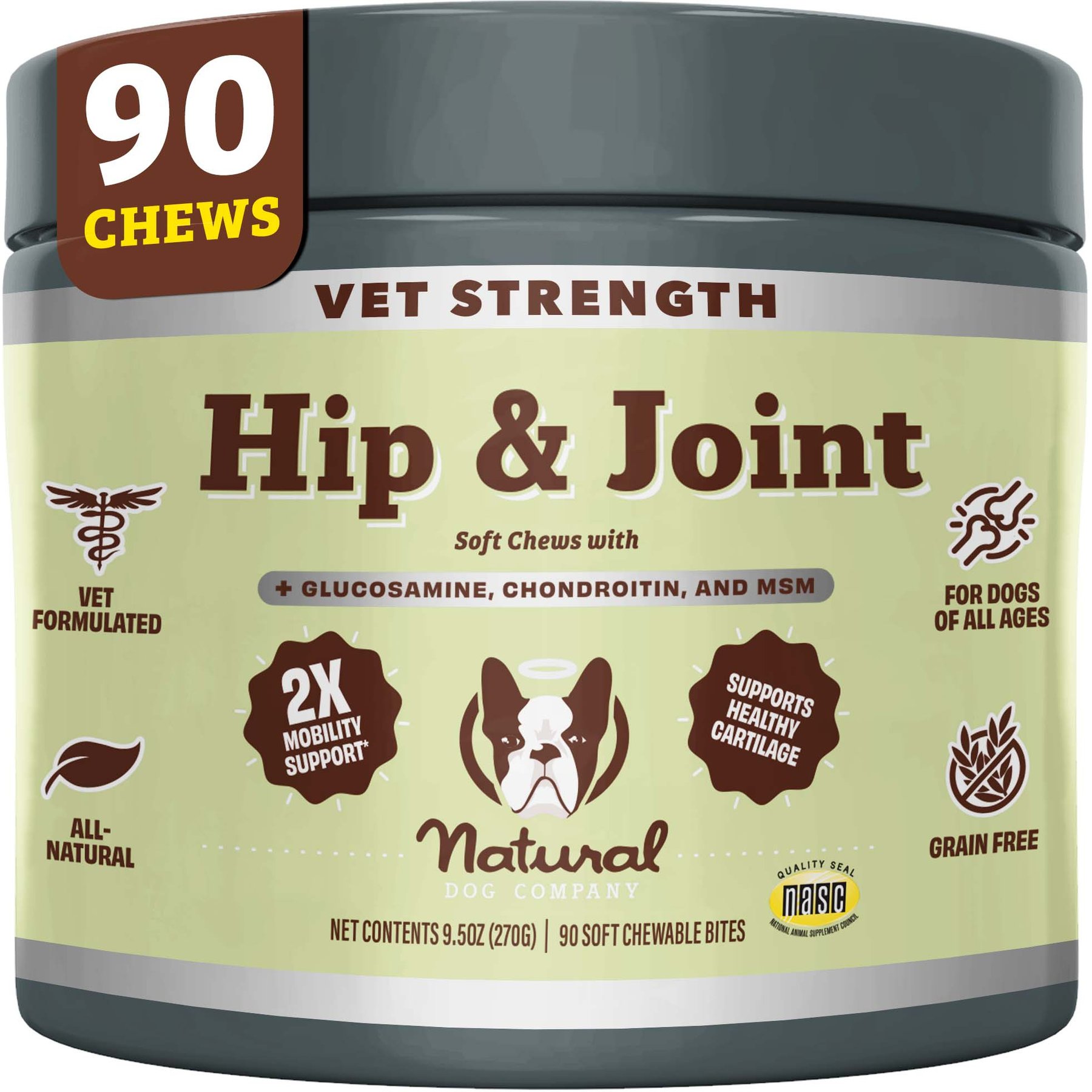Natural Dog Company Vet Strength Advanced Hip & Joint with Glucosamine, Chondroitin & MSM Turkey Flavor Soft Chew Supplement for Dogs, 90 count