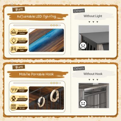 Show full view: WARCAT Wooden Furniture Style Dog Crate with Dual Desktops, Rounded Side Armrests & Multi-Color LED Lights, Brown, Large slide 4 of 9