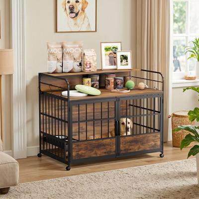 Show full view: WARCAT Wooden Furniture Style Dog Crate with Dual Desktops, Rounded Side Armrests & Multi-Color LED Lights, Brown, Large slide 6 of 9