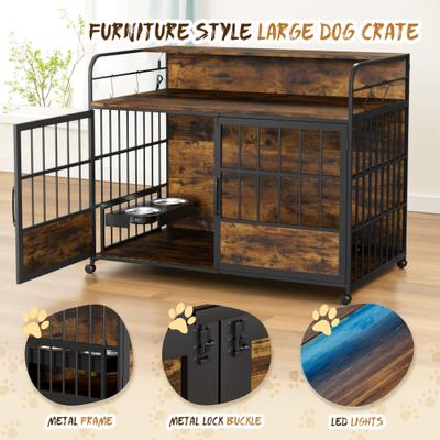 Show full view: WARCAT Wooden Furniture Style Dog Crate with Dual Desktops, Rounded Side Armrests & Multi-Color LED Lights, Brown, Large slide 3 of 9