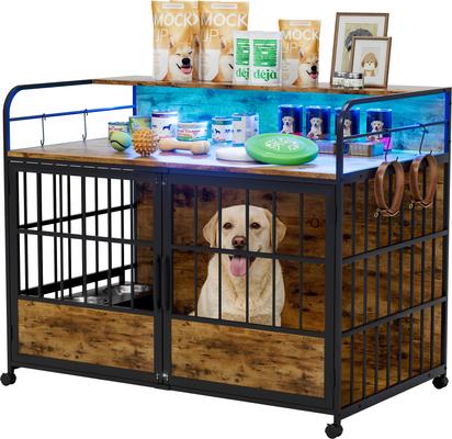 Show full view: WARCAT Wooden Furniture Style Dog Crate with Dual Desktops, Rounded Side Armrests & Multi-Color LED Lights, Brown, Large slide 8 of 9