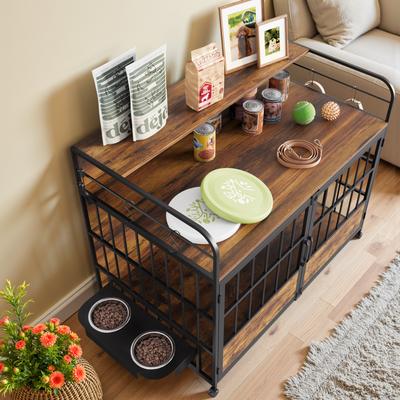 Show full view: WARCAT Wooden Furniture Style Dog Crate with Dual Desktops, Rounded Side Armrests & Multi-Color LED Lights, Brown, Large slide 5 of 9