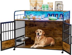 WARCAT Wooden Furniture Style Dog Crate with Dual Desktops, Rounded Side Armrests & Multi-Color LED Lights, Brown, Large